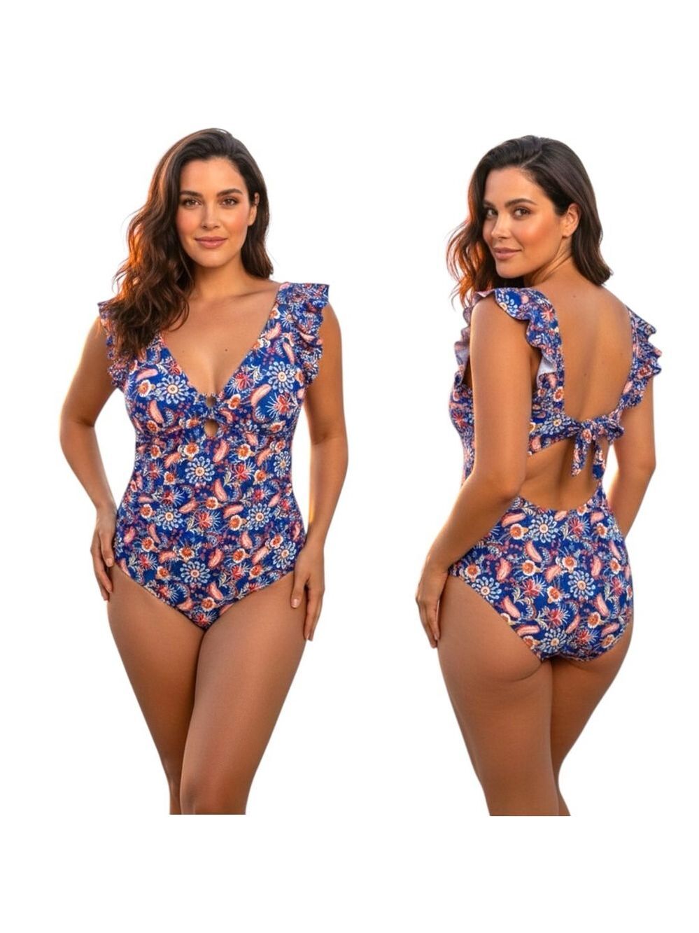Eomenie Blue Floral Ruffle One Piece Swimsuit 2XL Cutout Back NWT